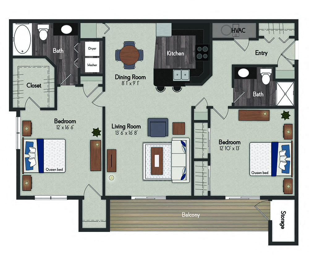 Floor plan for 2 beds, 2 baths, 1168 sqft